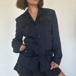 Navy and white vintage pinstriped corpcore office siren blazer